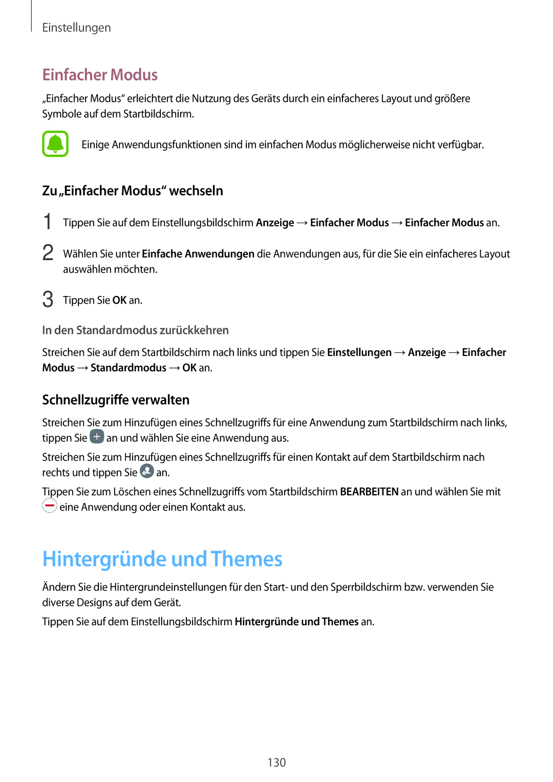 Samsung SM-A520FZKADBT, SM-A520FZIADBT Hintergründe und Themes, Zu„Einfacher Modus wechseln, Schnellzugriffe verwalten 