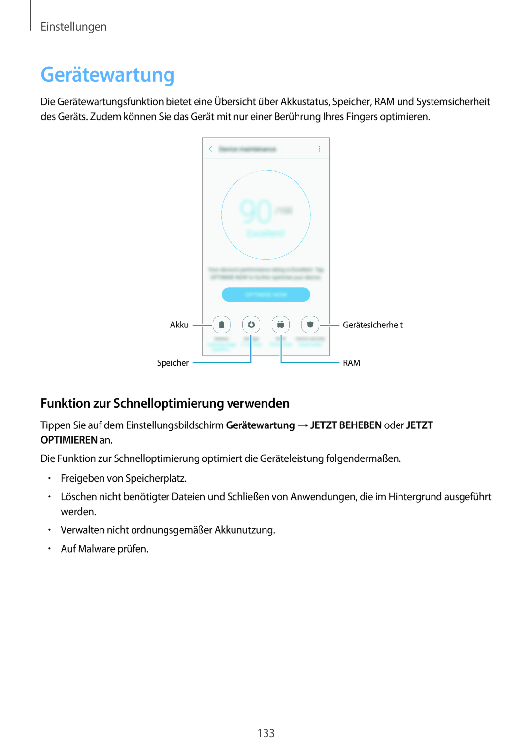 Samsung SM-A520FZBADBT, SM-A520FZIADBT, SM-A520FZKADBT manual Gerätewartung, Funktion zur Schnelloptimierung verwenden 