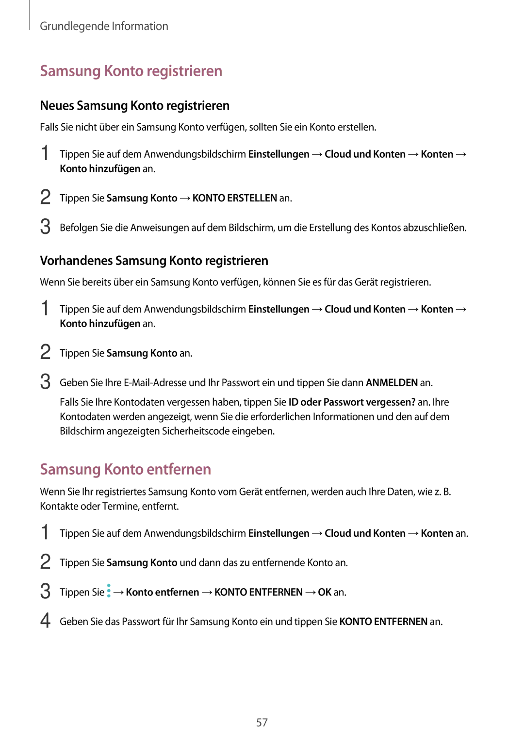 Samsung SM-A520FZBADBT, SM-A520FZIADBT, SM-A520FZKADBT manual Samsung Konto entfernen, Neues Samsung Konto registrieren 