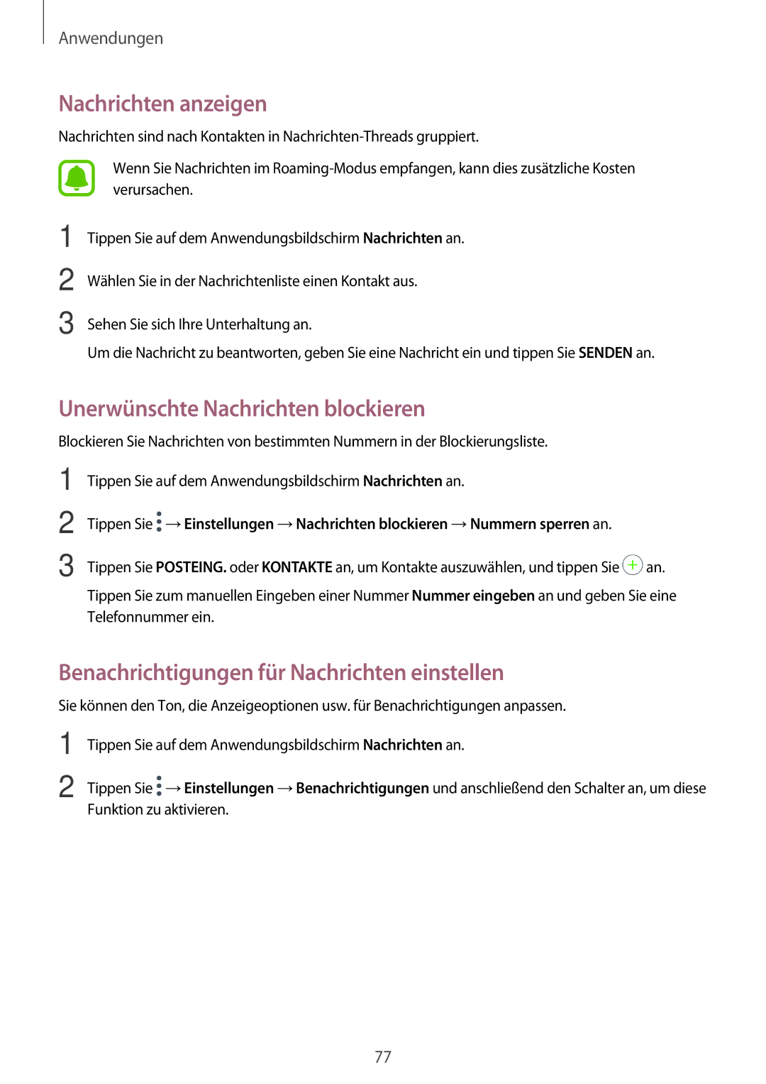 Samsung SM-A520FZBADBT, SM-A520FZIADBT, SM-A520FZKADBT manual Nachrichten anzeigen, Unerwünschte Nachrichten blockieren 