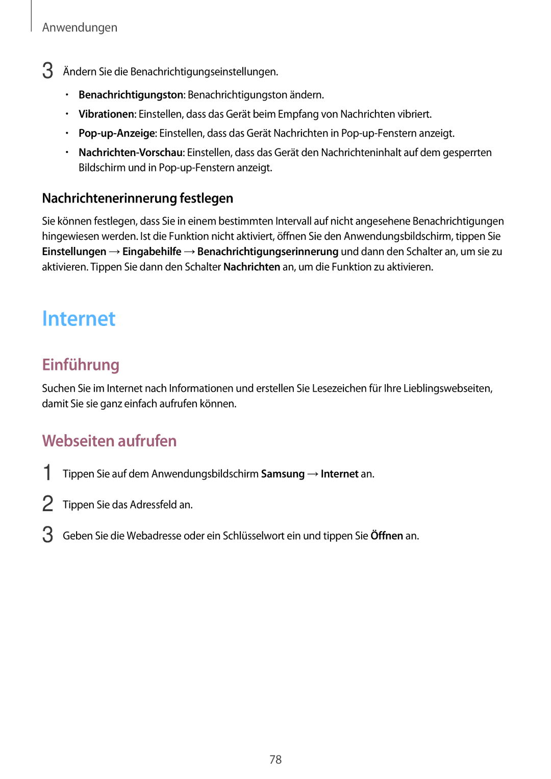 Samsung SM-A520FZKADBT, SM-A520FZIADBT, SM-A520FZBADBT manual Internet, Webseiten aufrufen, Nachrichtenerinnerung festlegen 