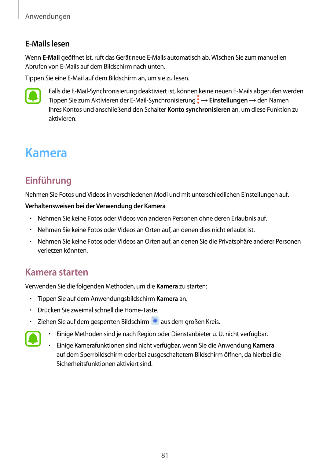 Samsung SM-A520FZBADBT, SM-A520FZIADBT Kamera starten, Mails lesen, Verhaltensweisen bei der Verwendung der Kamera 