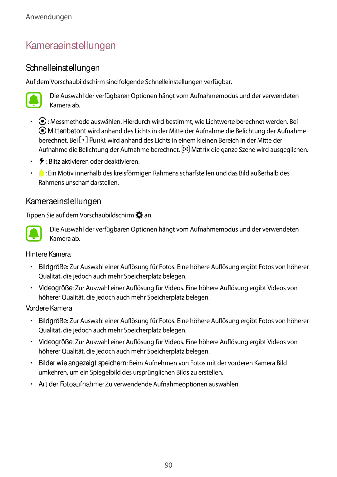 Samsung SM-A520FZKADBT, SM-A520FZIADBT manual Kameraeinstellungen, Schnelleinstellungen, Hintere Kamera, Vordere Kamera 