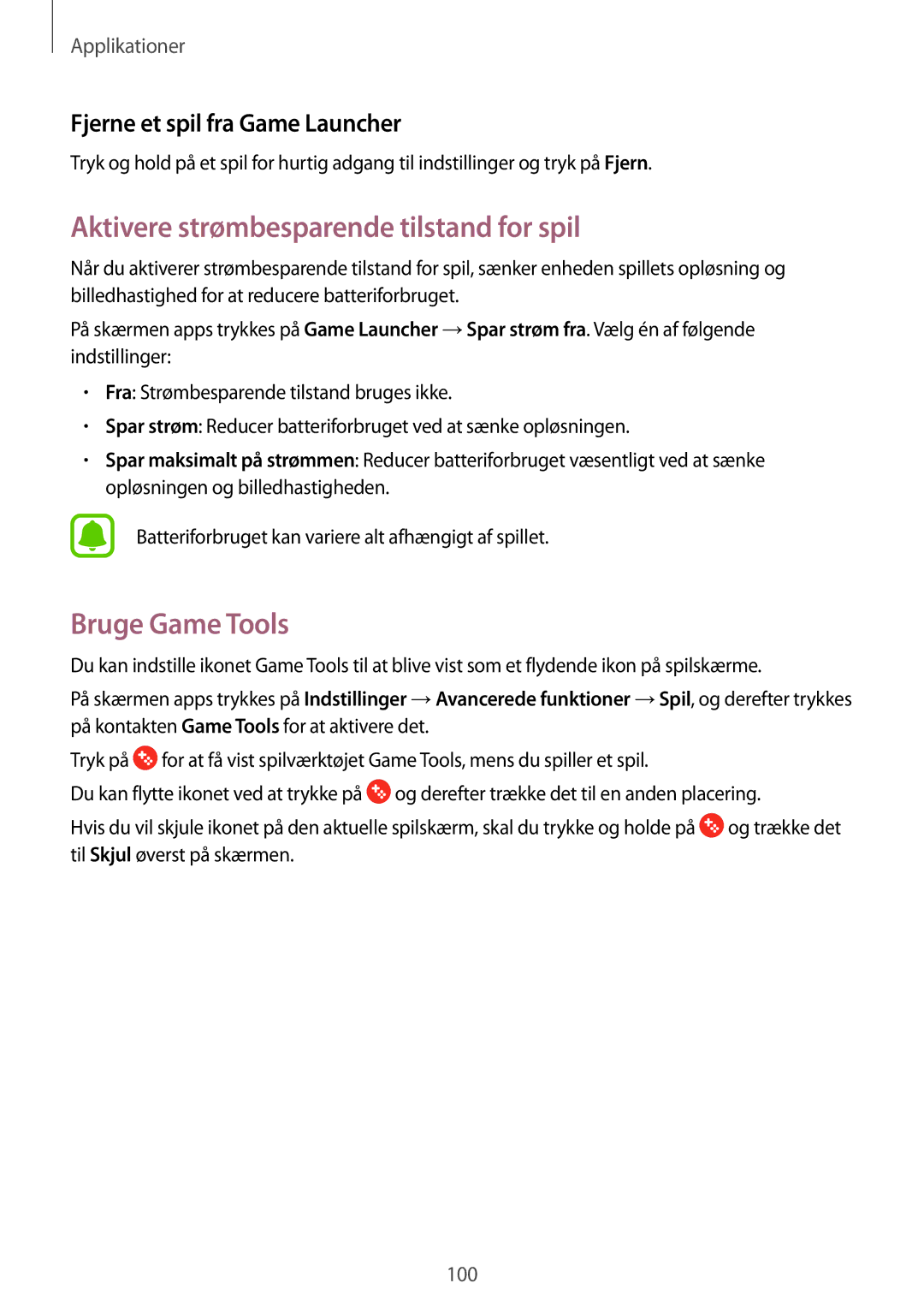 Samsung SM-A520FZDANEE Aktivere strømbesparende tilstand for spil, Bruge Game Tools, Fjerne et spil fra Game Launcher 