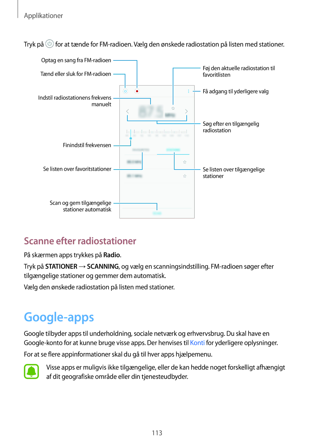 Samsung SM-A520FZKANEE, SM-A520FZIANEE, SM-A520FZDANEE manual Google-apps, Scanne efter radiostationer 