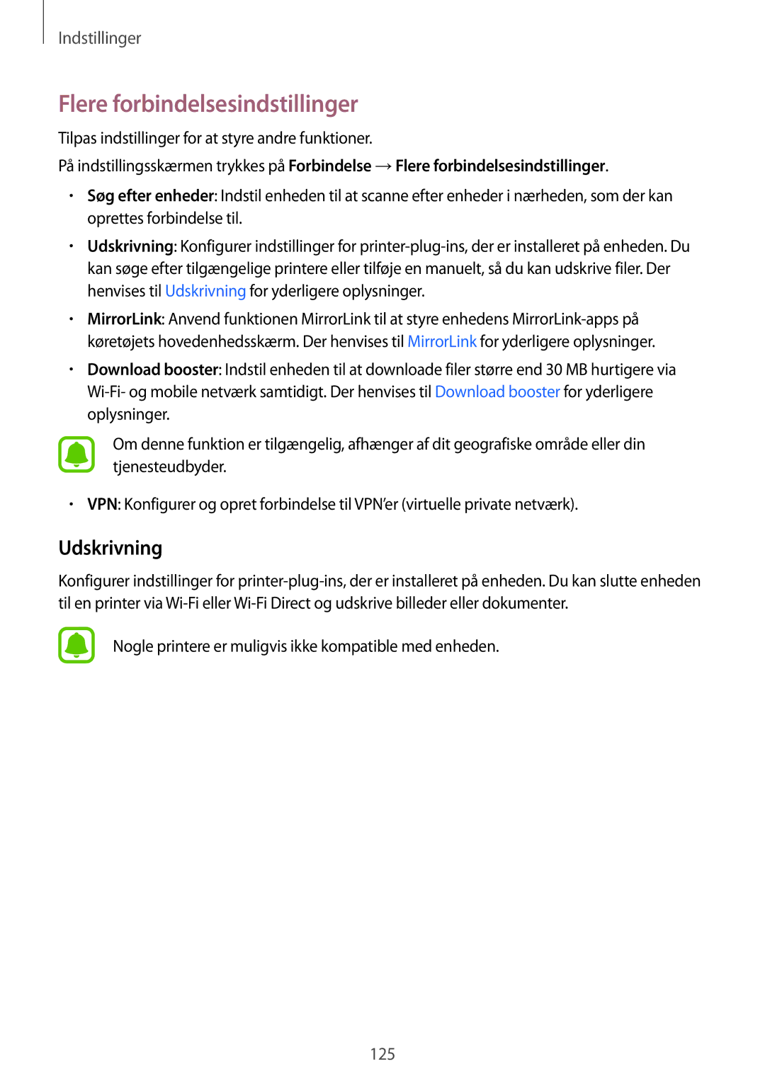 Samsung SM-A520FZKANEE, SM-A520FZIANEE, SM-A520FZDANEE manual Flere forbindelsesindstillinger, Udskrivning 