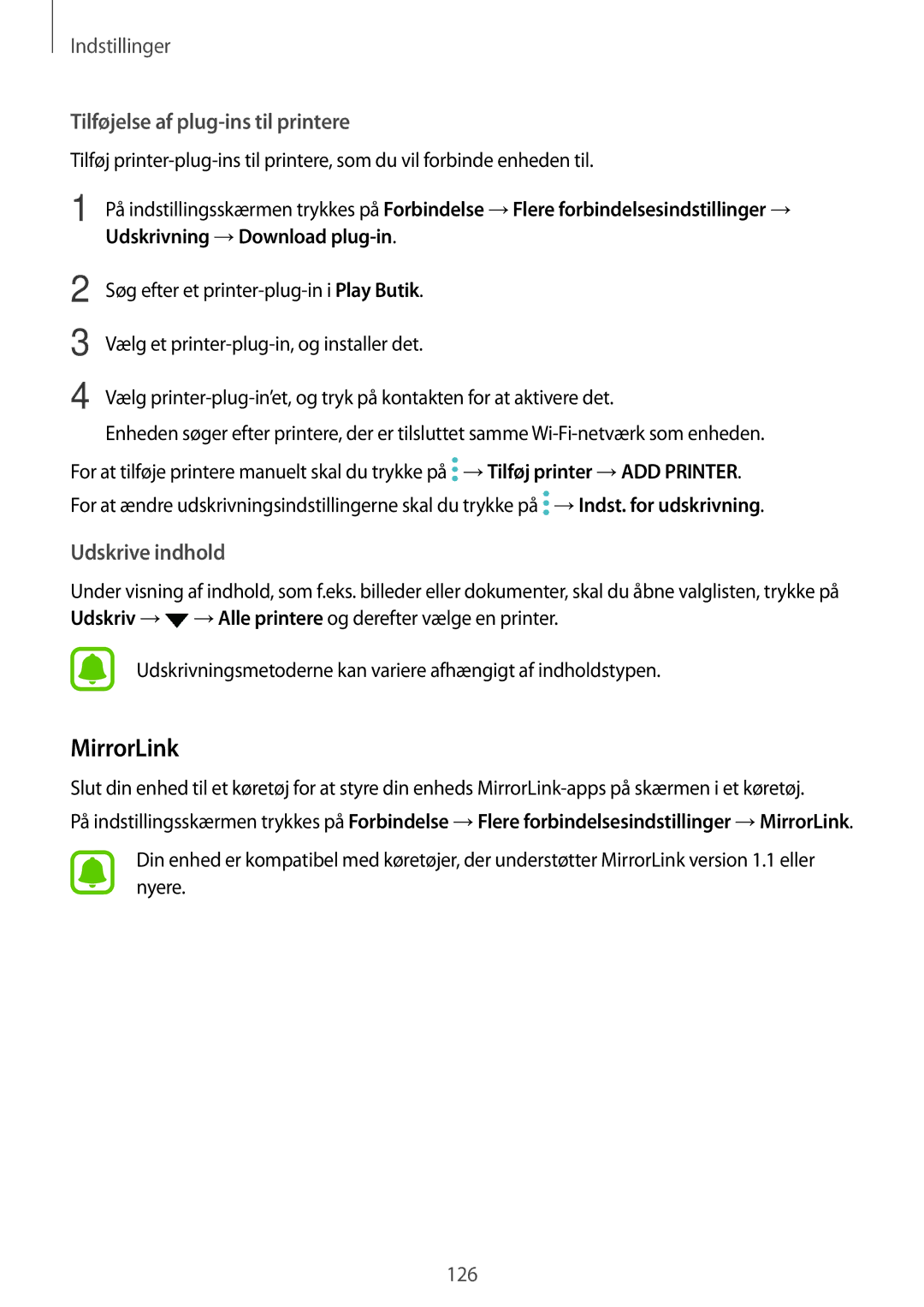 Samsung SM-A520FZIANEE, SM-A520FZDANEE, SM-A520FZKANEE manual MirrorLink, Udskrivning →Download plug-in 