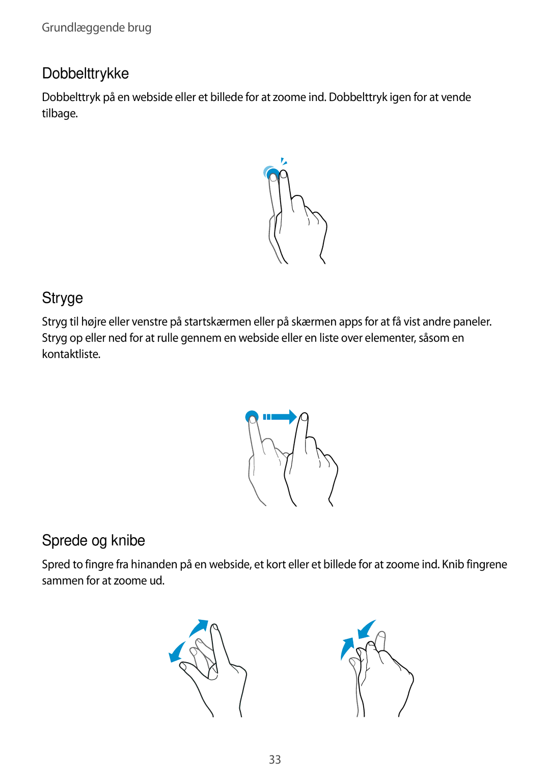 Samsung SM-A520FZIANEE, SM-A520FZDANEE, SM-A520FZKANEE manual Dobbelttrykke, Stryge, Sprede og knibe 