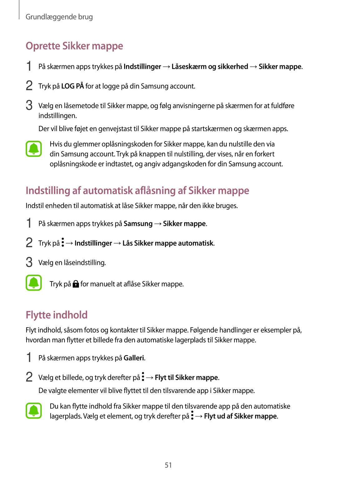 Samsung SM-A520FZIANEE manual Oprette Sikker mappe, Indstilling af automatisk aflåsning af Sikker mappe, Flytte indhold 