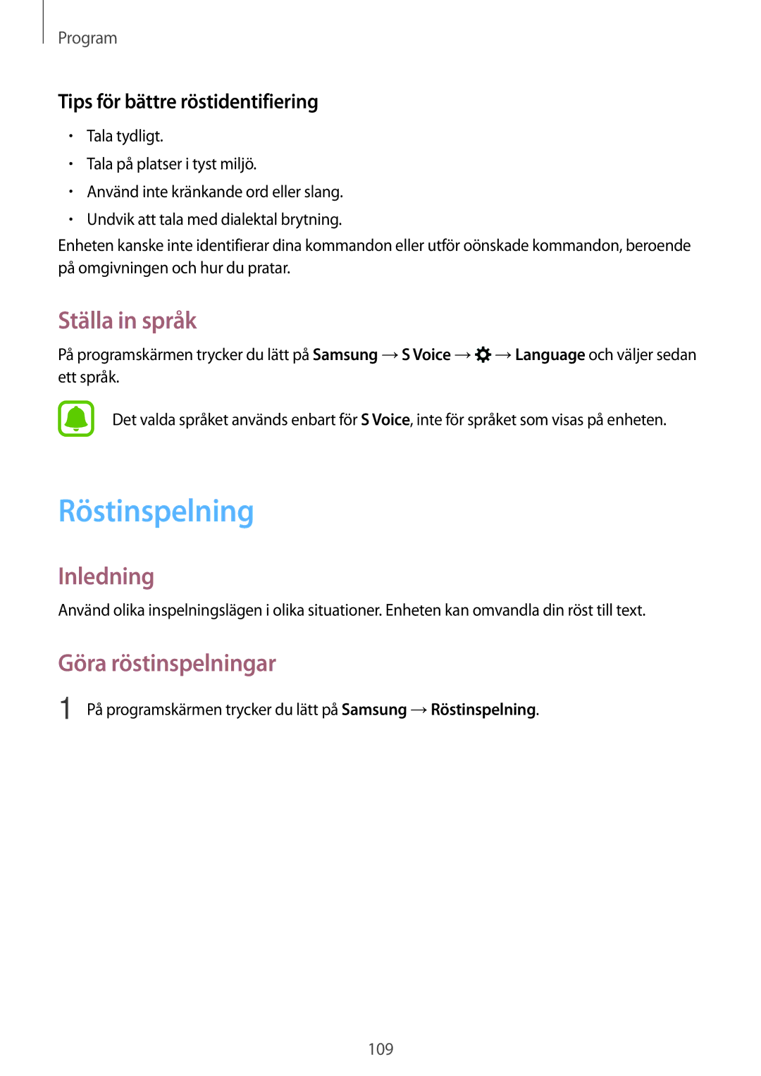 Samsung SM-A520FZDANEE manual Röstinspelning, Ställa in språk, Göra röstinspelningar, Tips för bättre röstidentifiering 