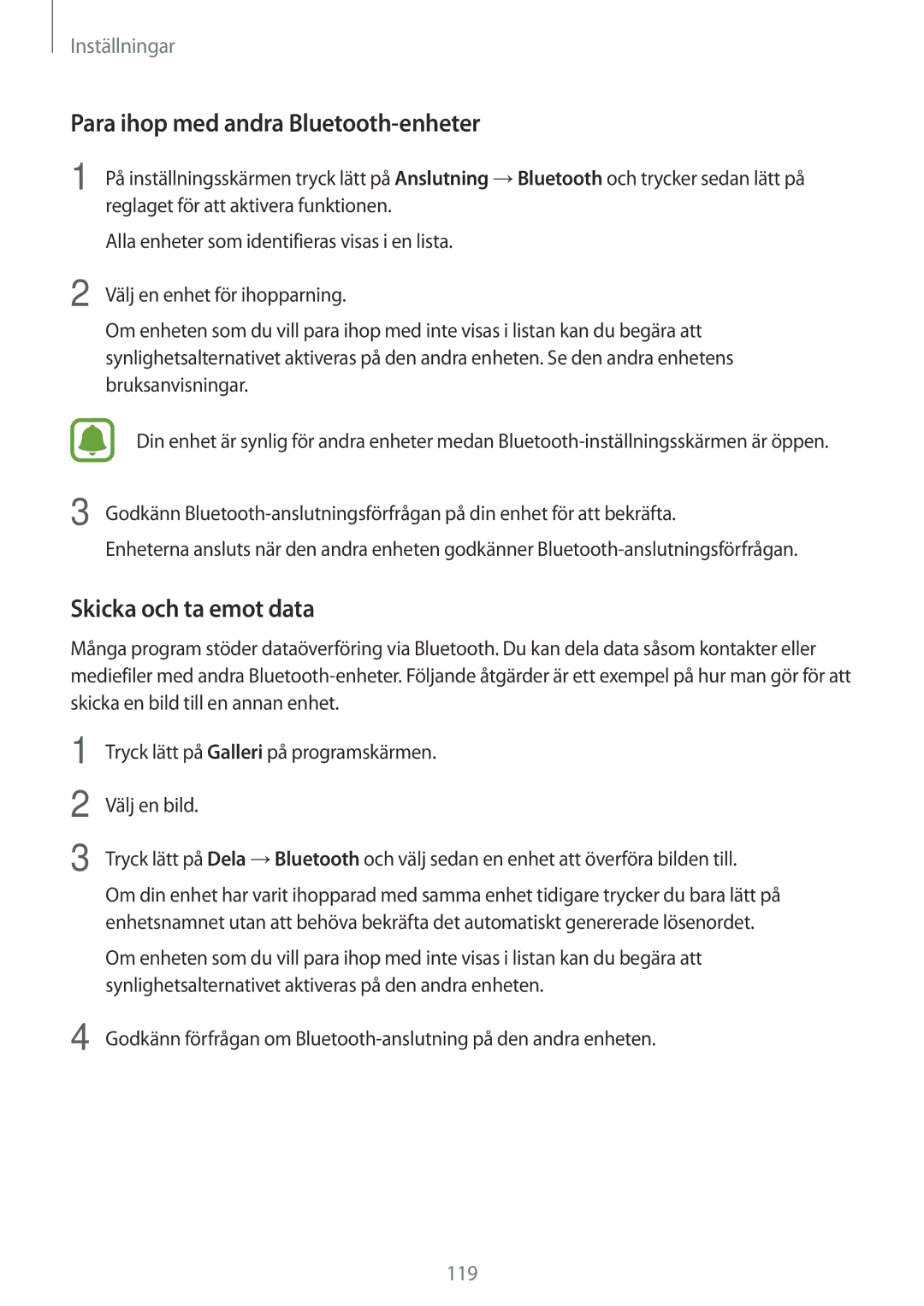 Samsung SM-A520FZKANEE, SM-A520FZIANEE, SM-A520FZDANEE manual Para ihop med andra Bluetooth-enheter, Skicka och ta emot data 