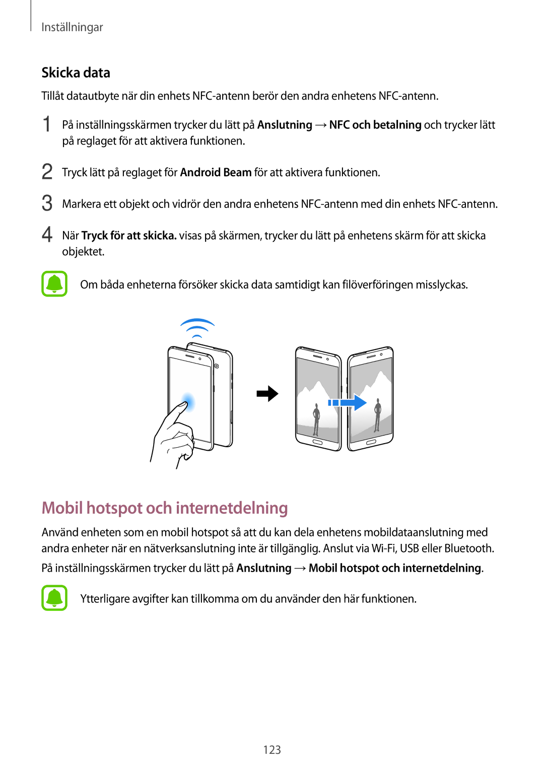 Samsung SM-A520FZIANEE, SM-A520FZDANEE, SM-A520FZKANEE manual Mobil hotspot och internetdelning, Skicka data 