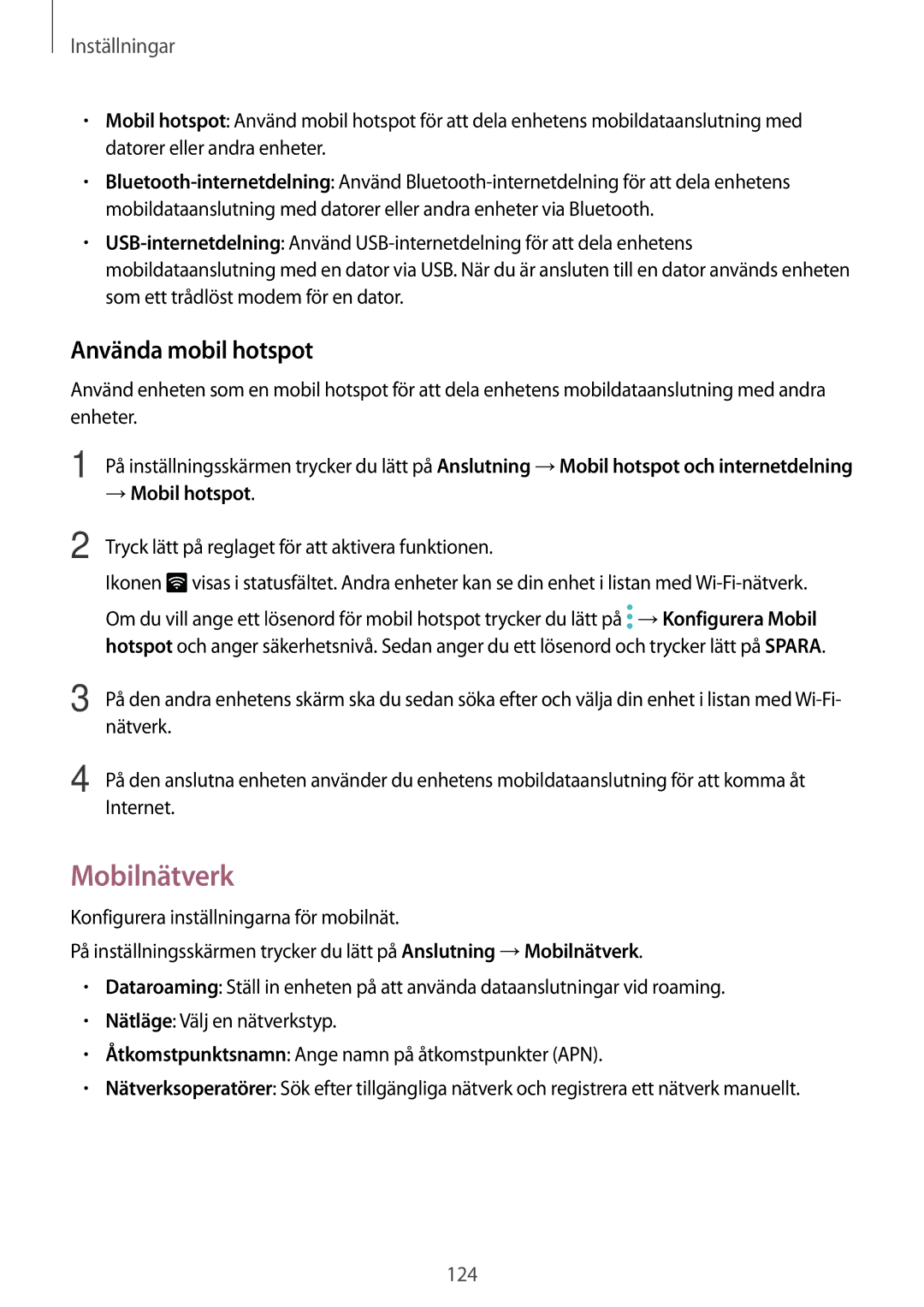 Samsung SM-A520FZDANEE, SM-A520FZIANEE, SM-A520FZKANEE manual Mobilnätverk, Använda mobil hotspot, → Mobil hotspot 