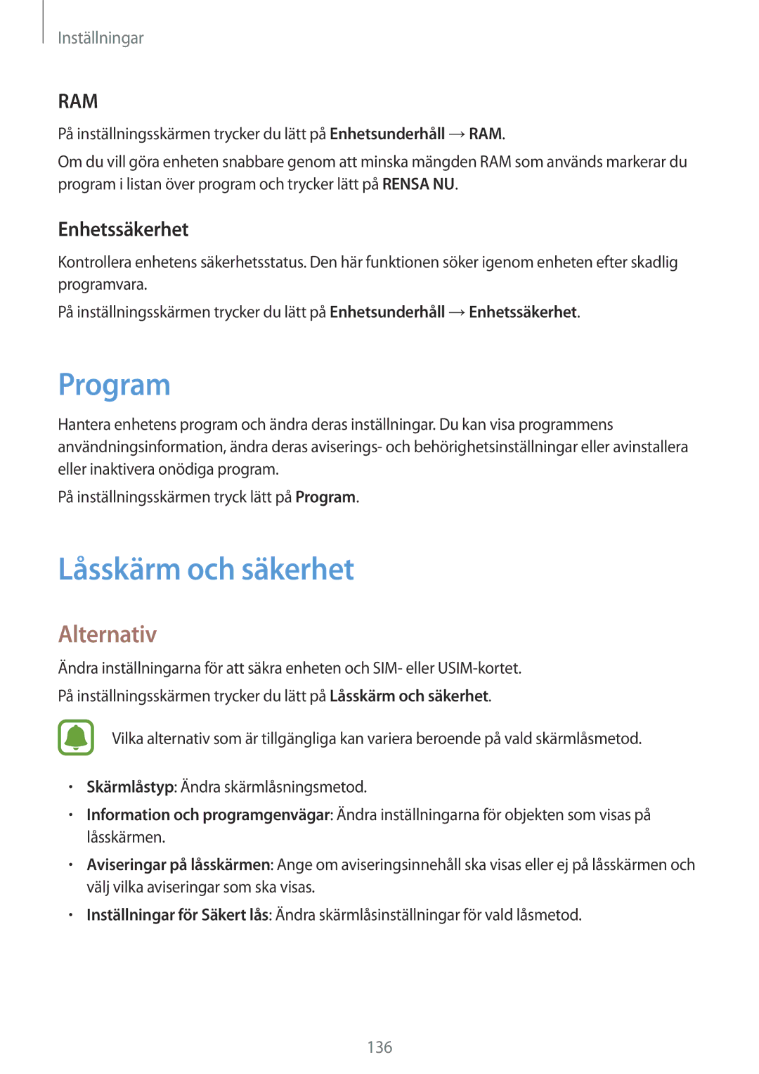 Samsung SM-A520FZDANEE, SM-A520FZIANEE, SM-A520FZKANEE manual Program, Låsskärm och säkerhet, Enhetssäkerhet 