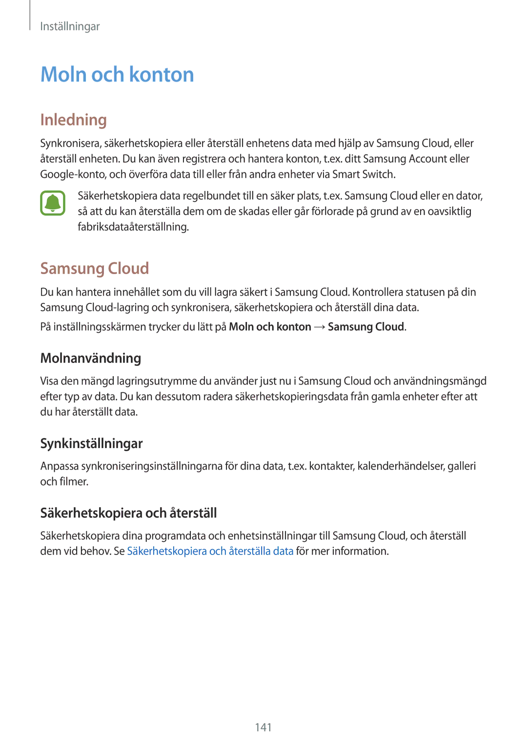Samsung SM-A520FZIANEE Moln och konton, Samsung Cloud, Molnanvändning, Synkinställningar, Säkerhetskopiera och återställ 