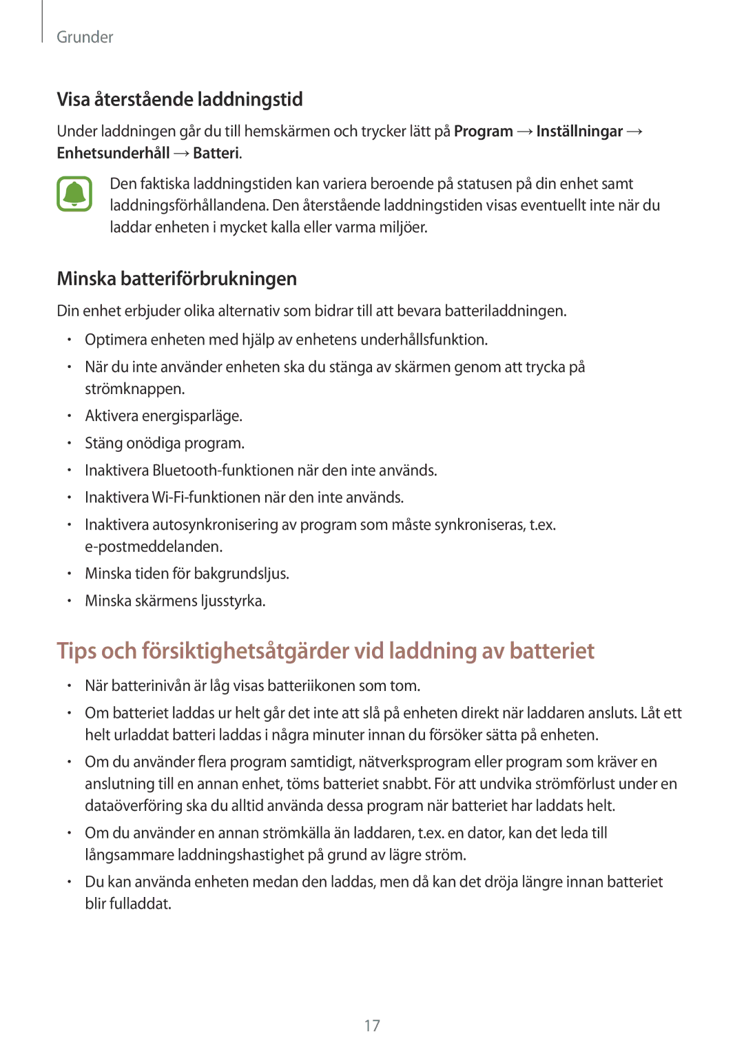 Samsung SM-A520FZKANEE manual Tips och försiktighetsåtgärder vid laddning av batteriet, Visa återstående laddningstid 