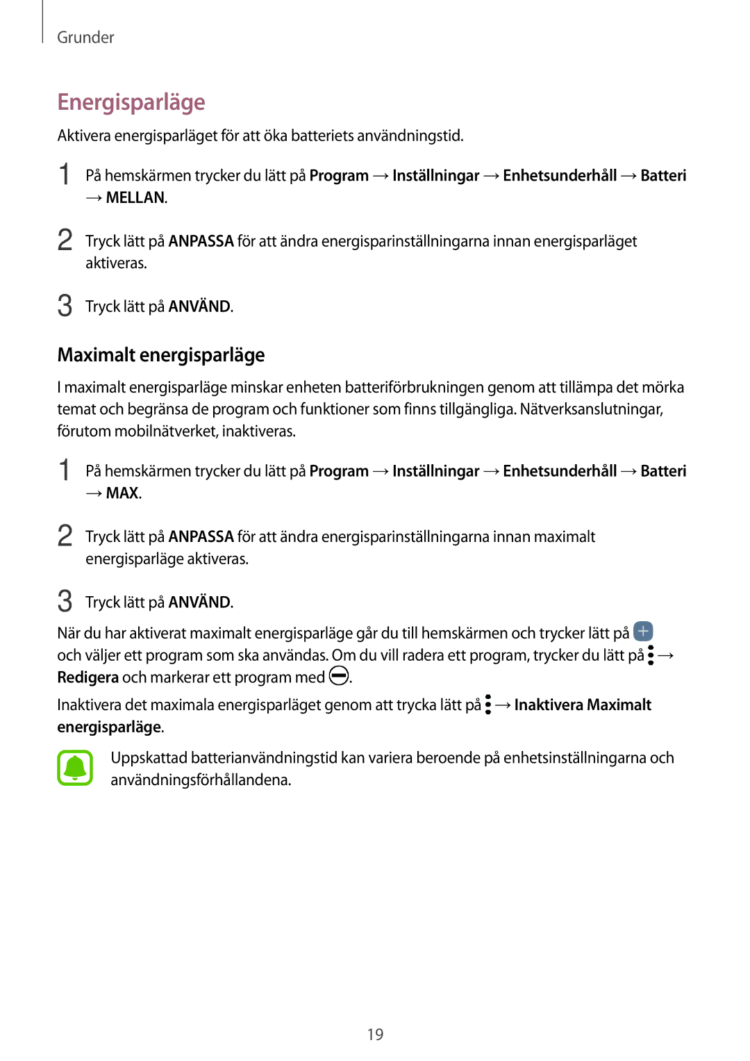 Samsung SM-A520FZDANEE, SM-A520FZIANEE, SM-A520FZKANEE manual Energisparläge, Maximalt energisparläge 