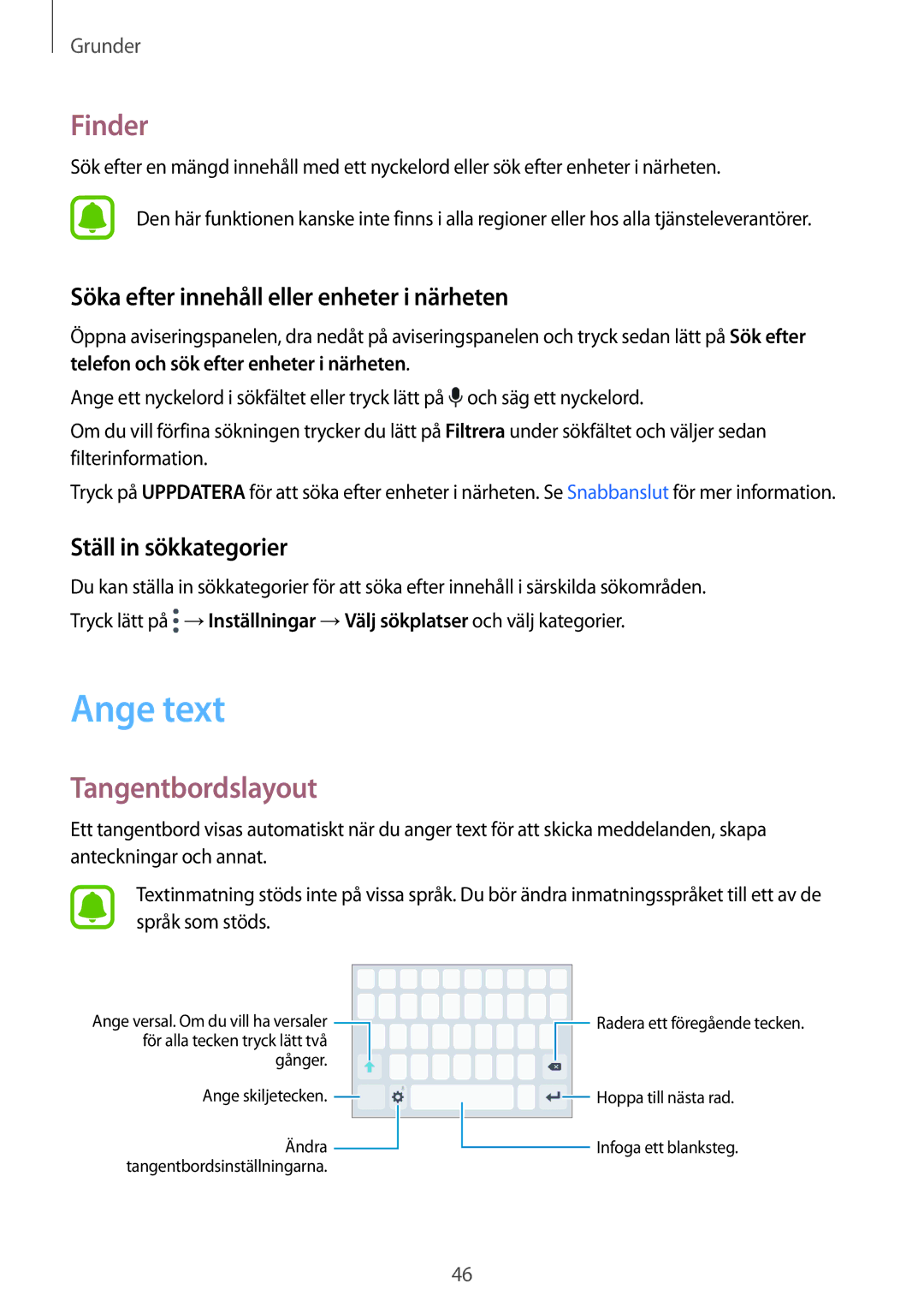 Samsung SM-A520FZDANEE, SM-A520FZIANEE Ange text, Finder, Tangentbordslayout, Söka efter innehåll eller enheter i närheten 