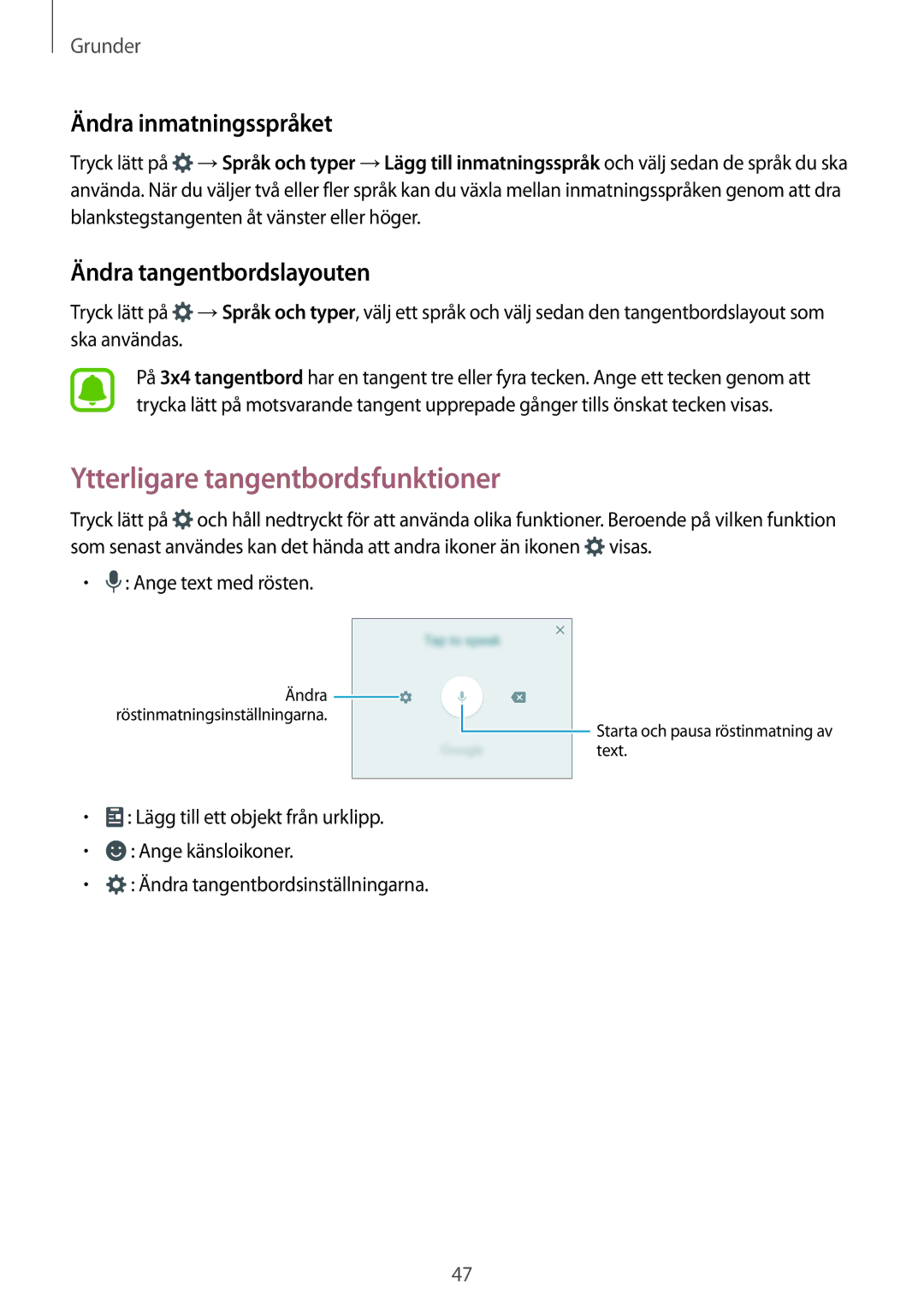 Samsung SM-A520FZKANEE manual Ytterligare tangentbordsfunktioner, Ändra inmatningsspråket, Ändra tangentbordslayouten 