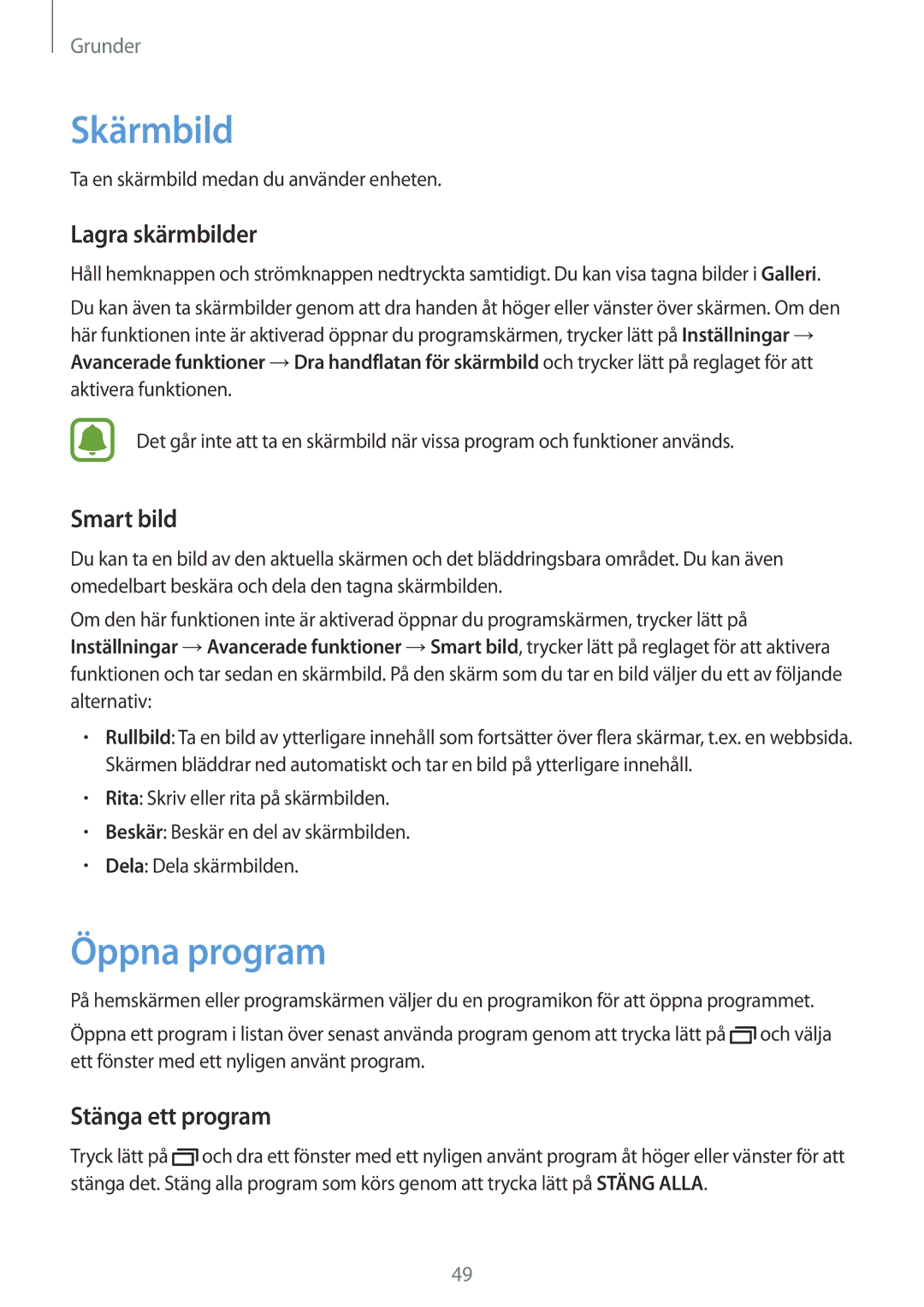 Samsung SM-A520FZDANEE, SM-A520FZIANEE manual Skärmbild, Öppna program, Lagra skärmbilder, Smart bild, Stänga ett program 