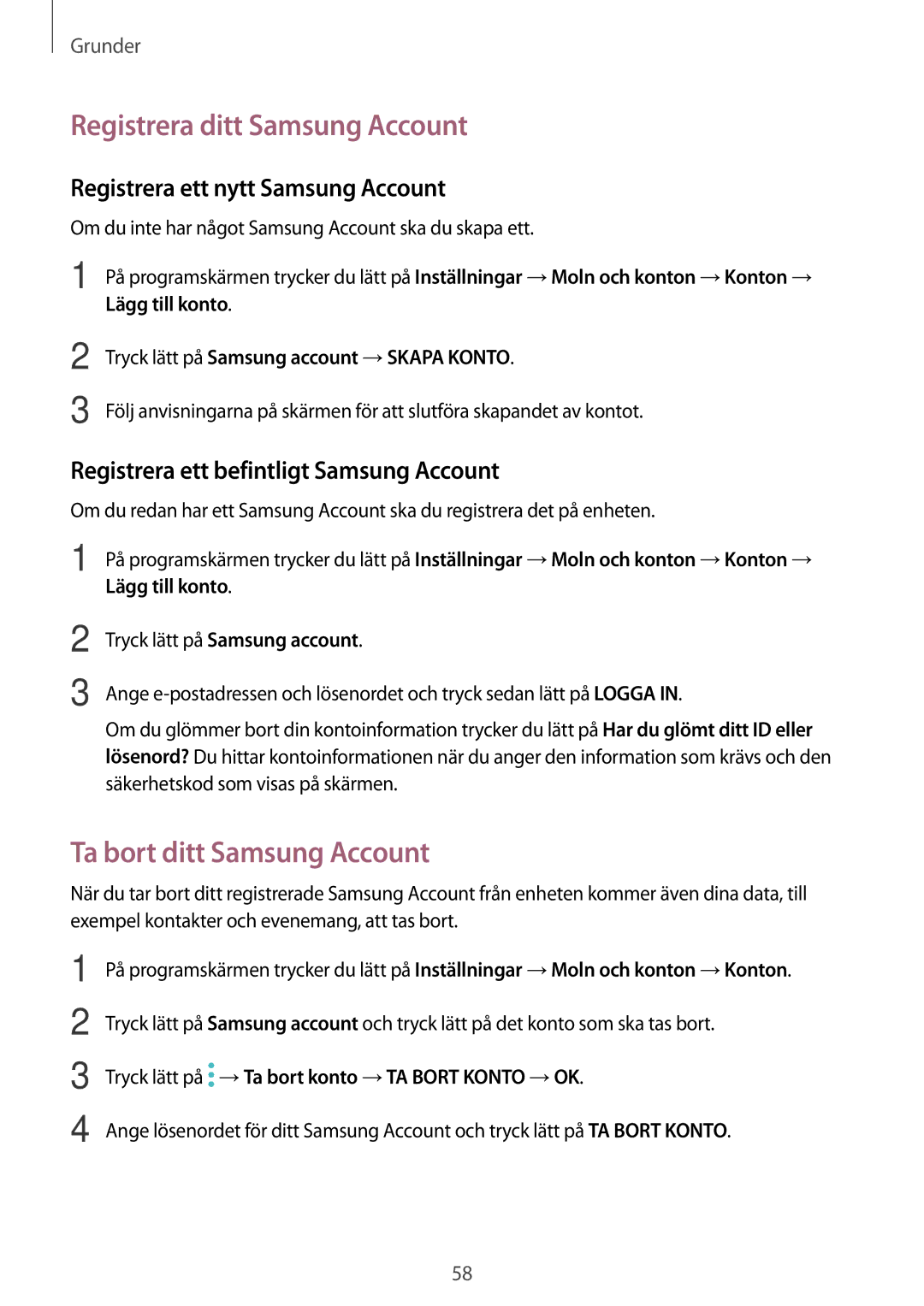 Samsung SM-A520FZDANEE Registrera ditt Samsung Account, Ta bort ditt Samsung Account, Registrera ett nytt Samsung Account 