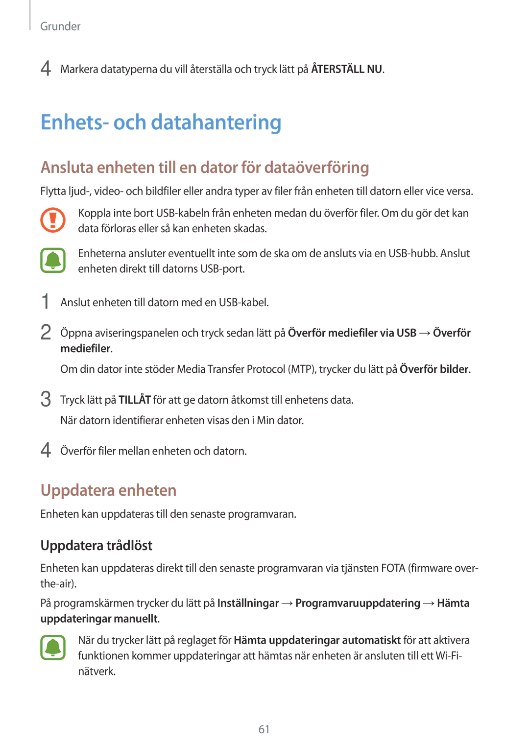 Samsung SM-A520FZDANEE Enhets- och datahantering, Ansluta enheten till en dator för dataöverföring, Uppdatera enheten 