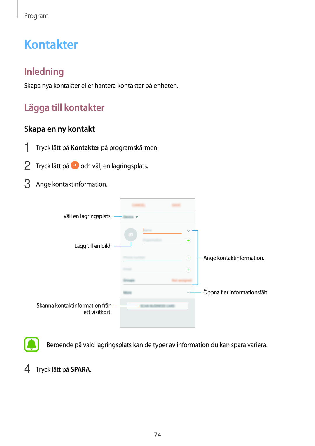 Samsung SM-A520FZKANEE, SM-A520FZIANEE, SM-A520FZDANEE manual Kontakter, Lägga till kontakter, Skapa en ny kontakt 