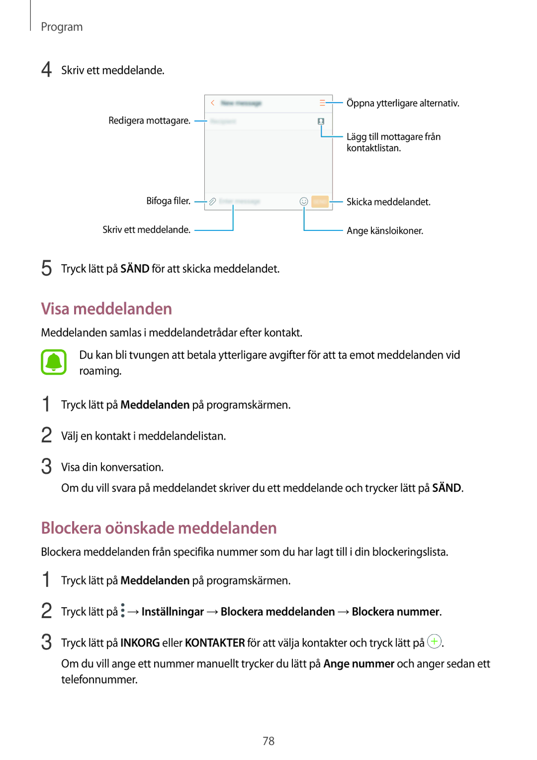 Samsung SM-A520FZIANEE, SM-A520FZDANEE, SM-A520FZKANEE manual Visa meddelanden, Blockera oönskade meddelanden 