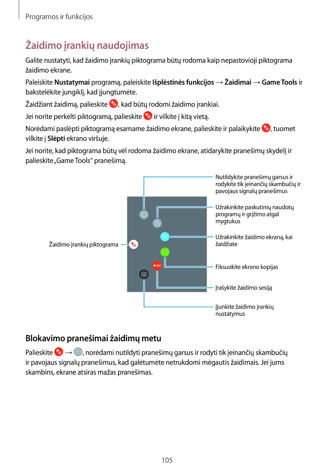 Samsung SM-A520FZDASEB, SM-A520FZIASEB, SM-A320FZKNSEB manual Žaidimo įrankių naudojimas, Blokavimo pranešimai žaidimų metu 