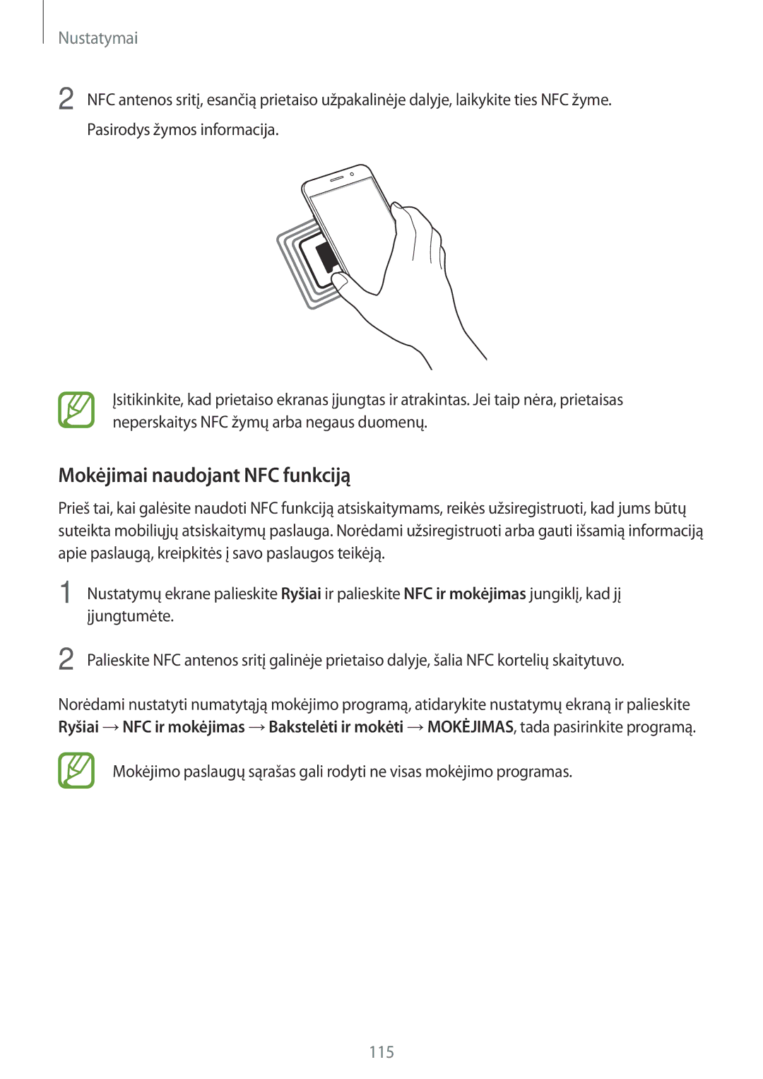 Samsung SM-A320FZKNSEB, SM-A520FZIASEB, SM-A320FZINSEB, SM-A520FZDASEB, SM-A320FZDNSEB manual Mokėjimai naudojant NFC funkciją 