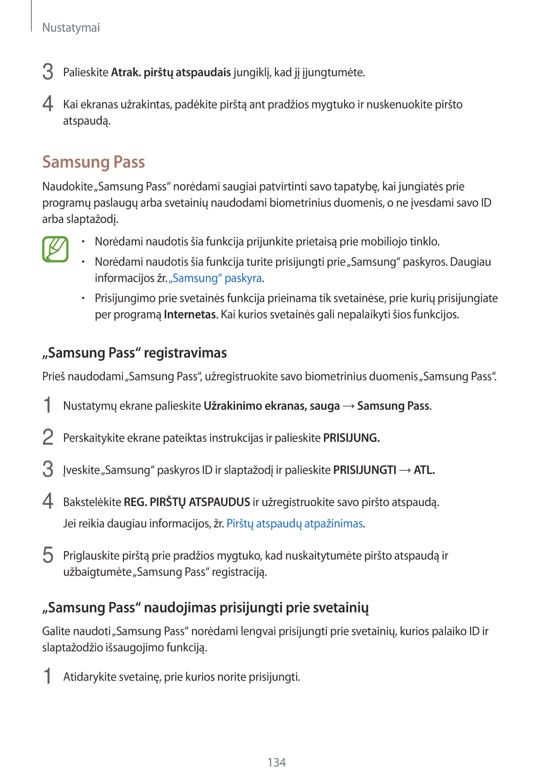 Samsung SM-A320FZINSEB manual „Samsung Pass registravimas, „Samsung Pass naudojimas prisijungti prie svetainių 