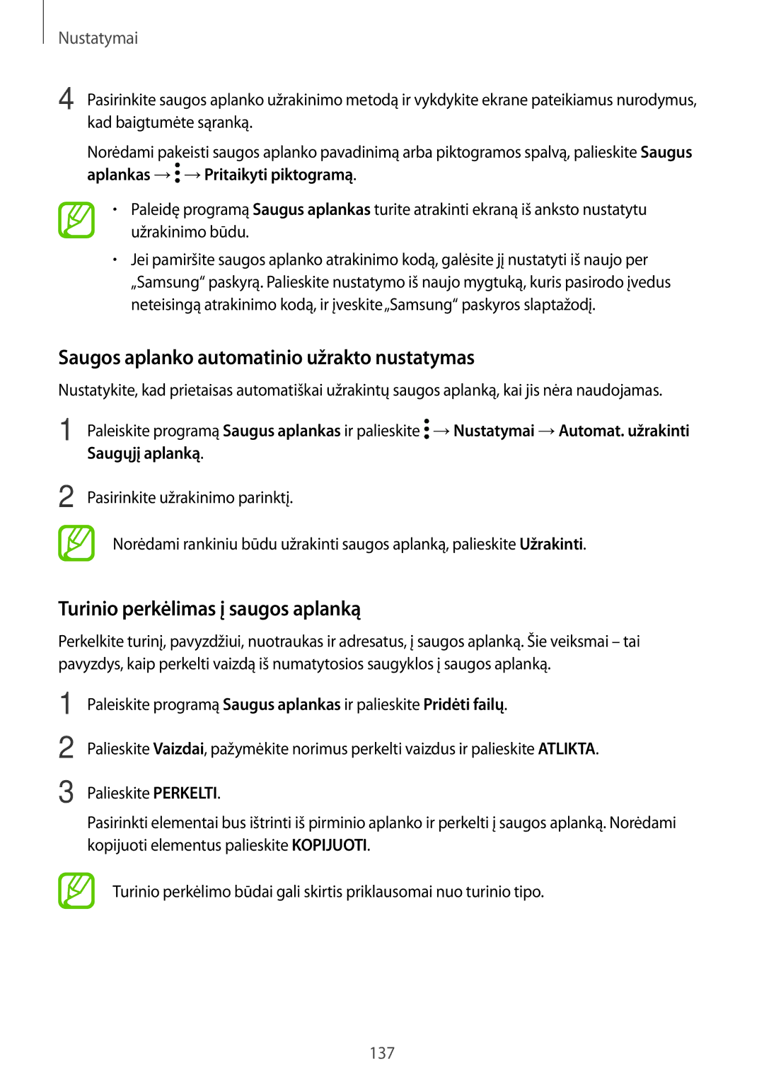 Samsung SM-A520FZKASEB, SM-A520FZIASEB Saugos aplanko automatinio užrakto nustatymas, Turinio perkėlimas į saugos aplanką 