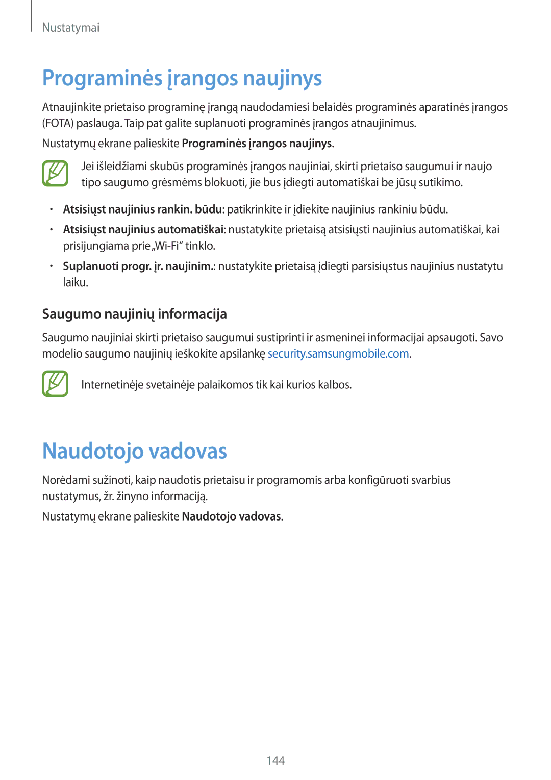 Samsung SM-A520FZIASEB, SM-A320FZKNSEB manual Programinės įrangos naujinys, Naudotojo vadovas, Saugumo naujinių informacija 