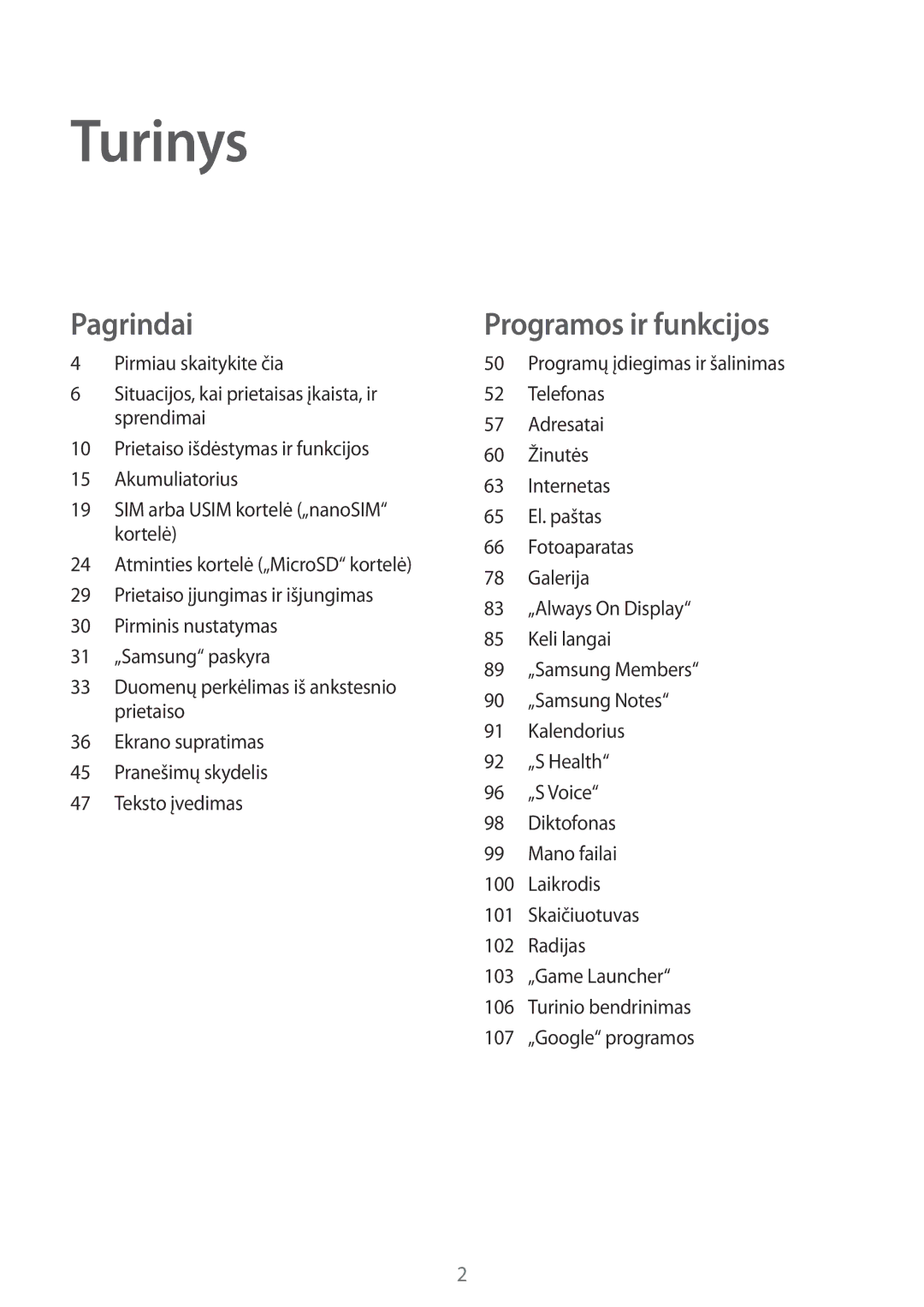 Samsung SM-A320FZINSEB, SM-A520FZIASEB, SM-A320FZKNSEB, SM-A520FZDASEB, SM-A320FZDNSEB, SM-A520FZKASEB manual Turinys 