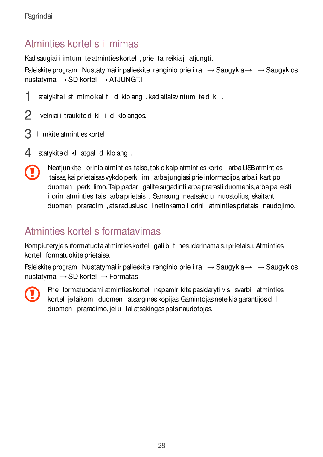 Samsung SM-A320FZDNSEB, SM-A520FZIASEB, SM-A320FZKNSEB manual Atminties kortelės išėmimas, Atminties kortelės formatavimas 