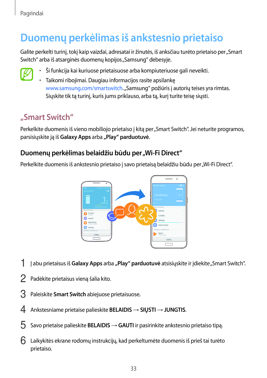 Samsung SM-A520FZDASEB, SM-A520FZIASEB, SM-A320FZKNSEB manual Duomenų perkėlimas iš ankstesnio prietaiso, „Smart Switch 