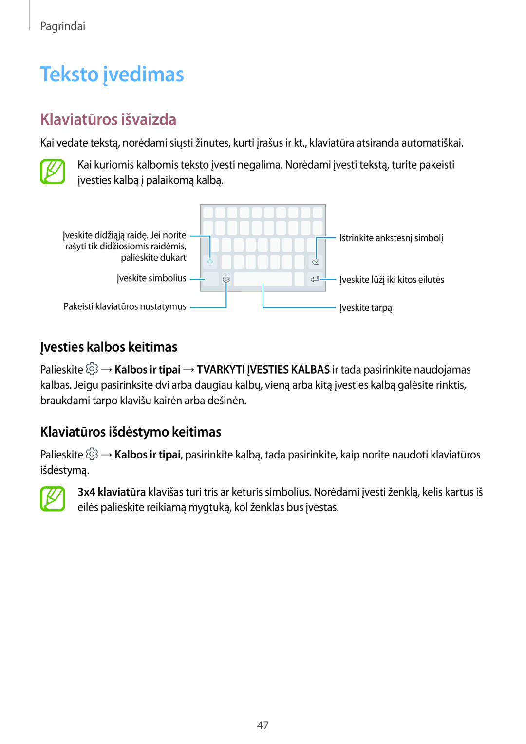 Samsung SM-A520FZKASEB Teksto įvedimas, Klaviatūros išvaizda, Įvesties kalbos keitimas, Klaviatūros išdėstymo keitimas 