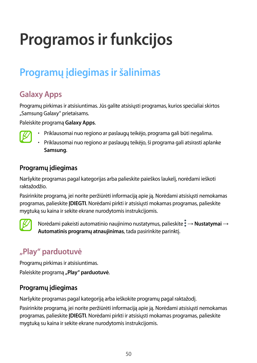 Samsung SM-A320FZINSEB, SM-A520FZIASEB manual Programų įdiegimas ir šalinimas, Galaxy Apps, „Play parduotuvė, Samsung 