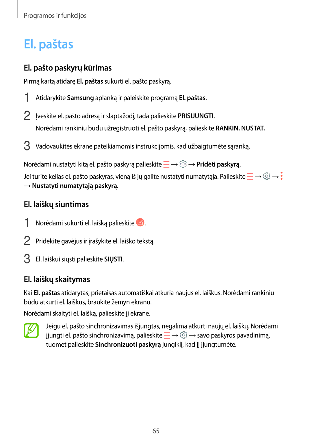 Samsung SM-A520FZKASEB, SM-A520FZIASEB El. paštas, El. pašto paskyrų kūrimas, El. laiškų siuntimas, El. laiškų skaitymas 