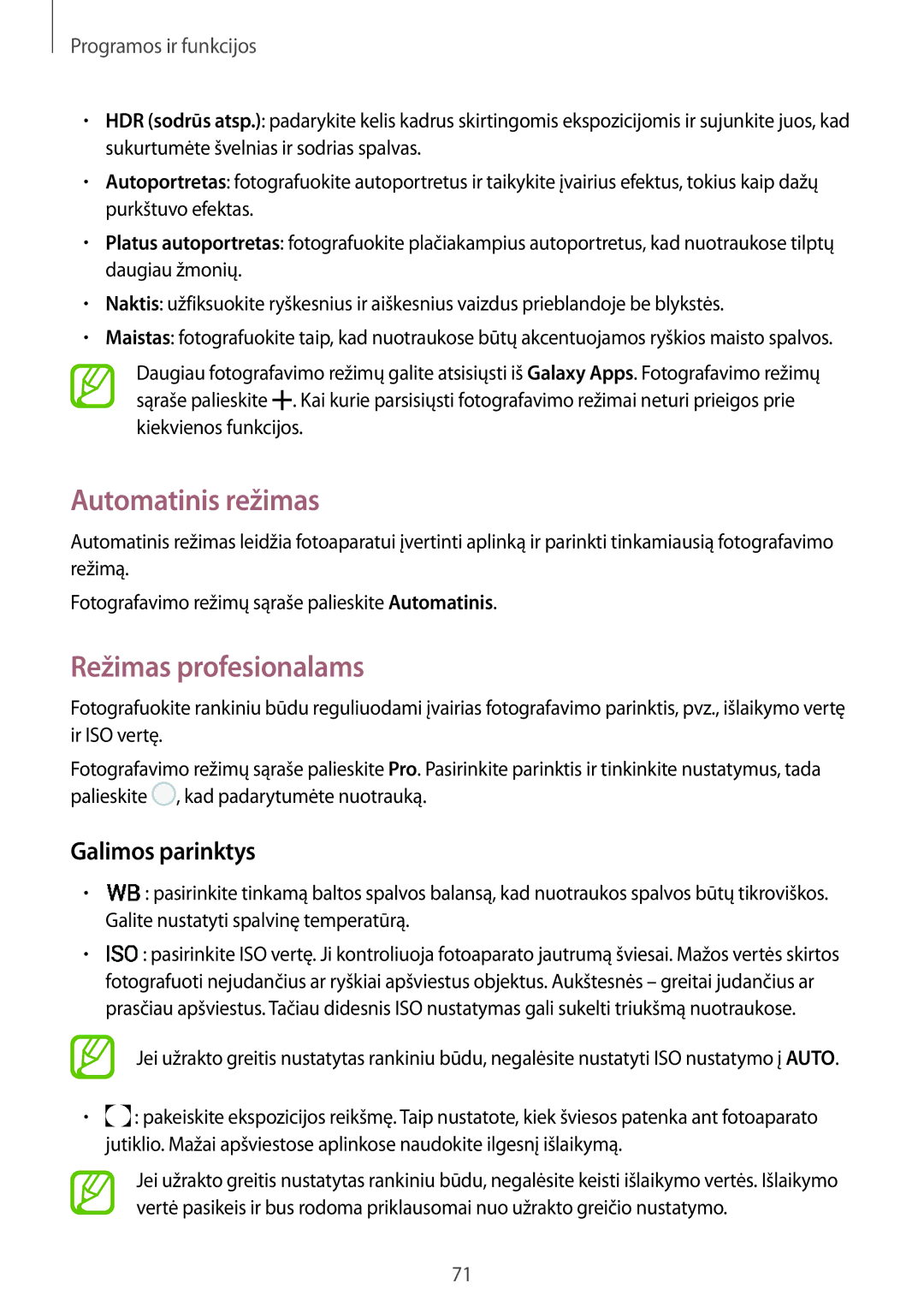 Samsung SM-A520FZKASEB, SM-A520FZIASEB, SM-A320FZKNSEB manual Automatinis režimas, Režimas profesionalams, Galimos parinktys 