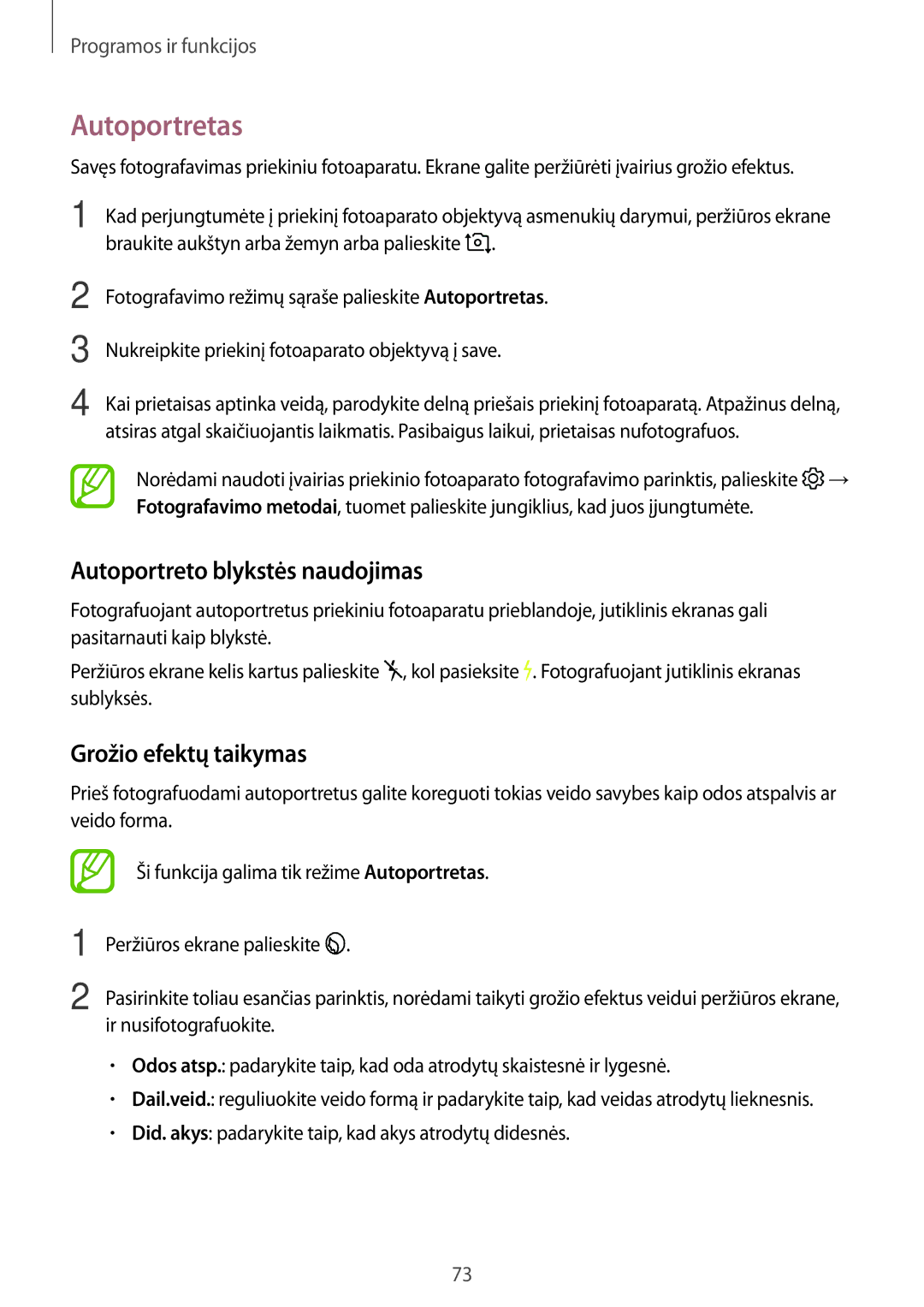 Samsung SM-A320FZKNSEB, SM-A520FZIASEB manual Autoportretas, Autoportreto blykstės naudojimas, Grožio efektų taikymas 