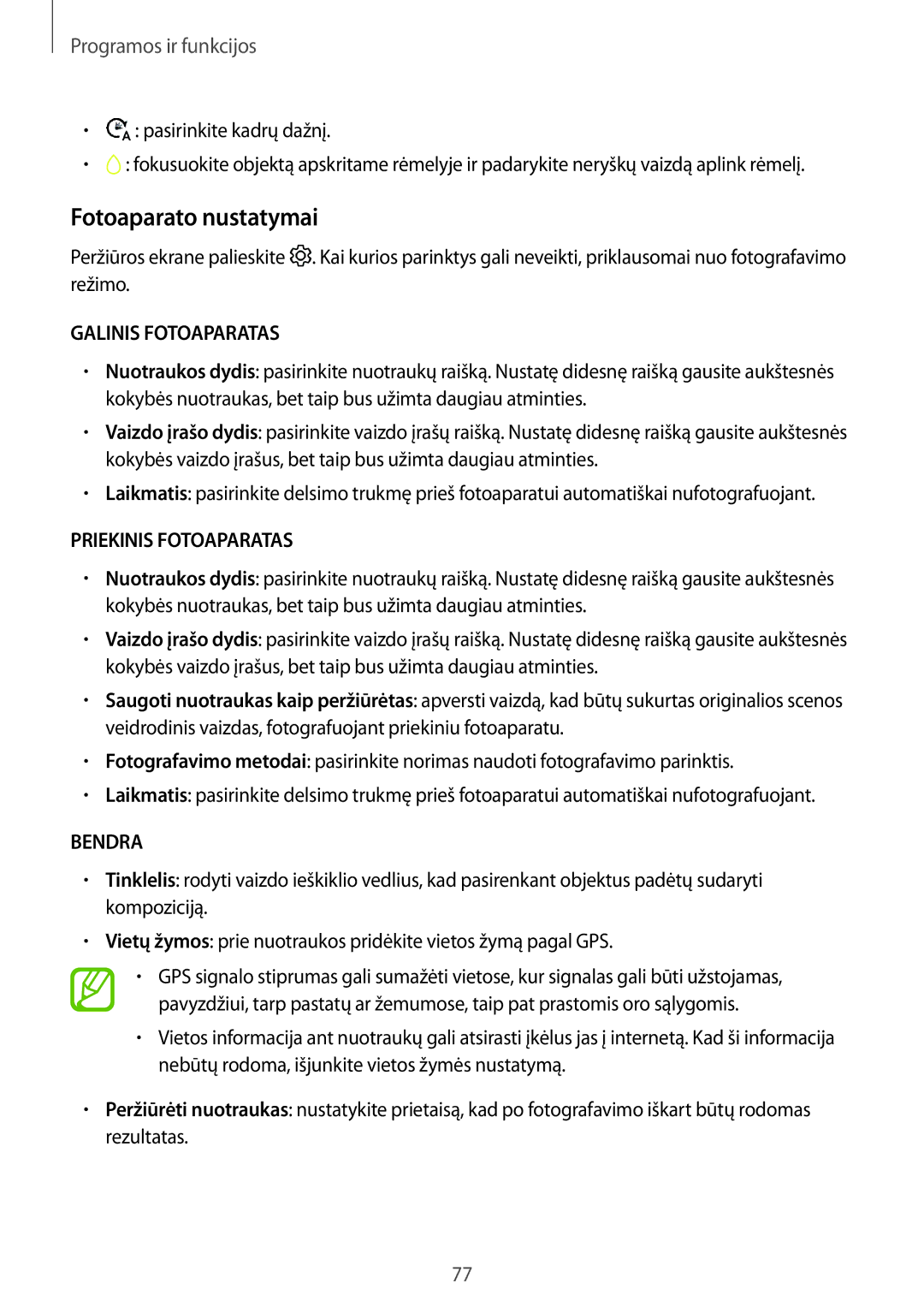 Samsung SM-A520FZKASEB, SM-A520FZIASEB, SM-A320FZKNSEB, SM-A320FZINSEB manual Fotoaparato nustatymai, Galinis Fotoaparatas 