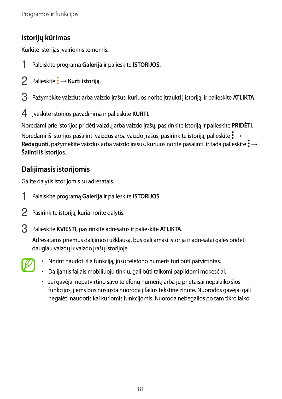 Samsung SM-A520FZDASEB, SM-A520FZIASEB manual Istorijų kūrimas, Dalijimasis istorijomis, Palieskite →Kurti istoriją 