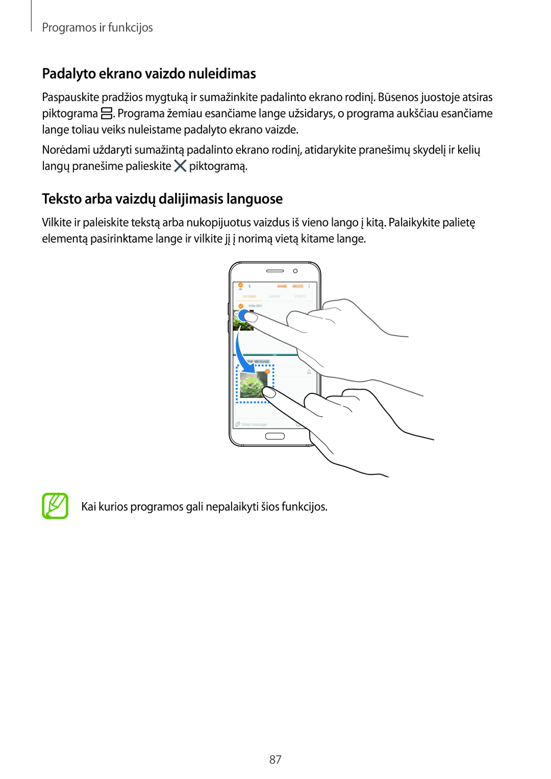 Samsung SM-A520FZDASEB, SM-A520FZIASEB manual Padalyto ekrano vaizdo nuleidimas, Teksto arba vaizdų dalijimasis languose 