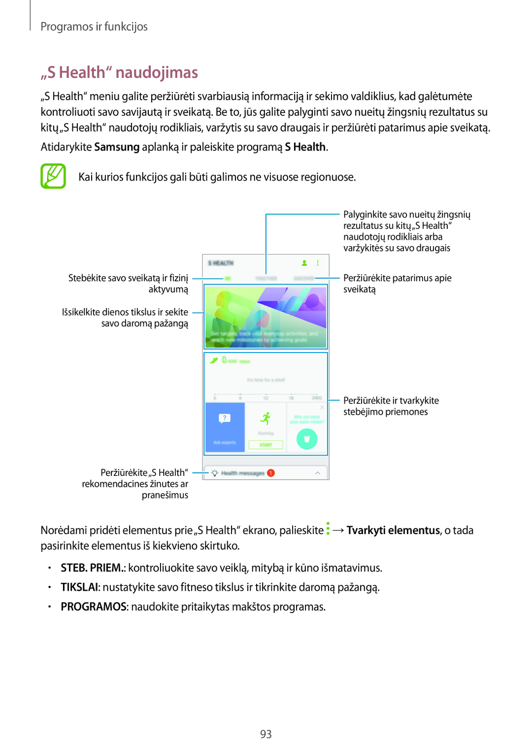 Samsung SM-A520FZDASEB, SM-A520FZIASEB, SM-A320FZKNSEB „S Health naudojimas, Stebėkite savo sveikatą ir fizinį aktyvumą 