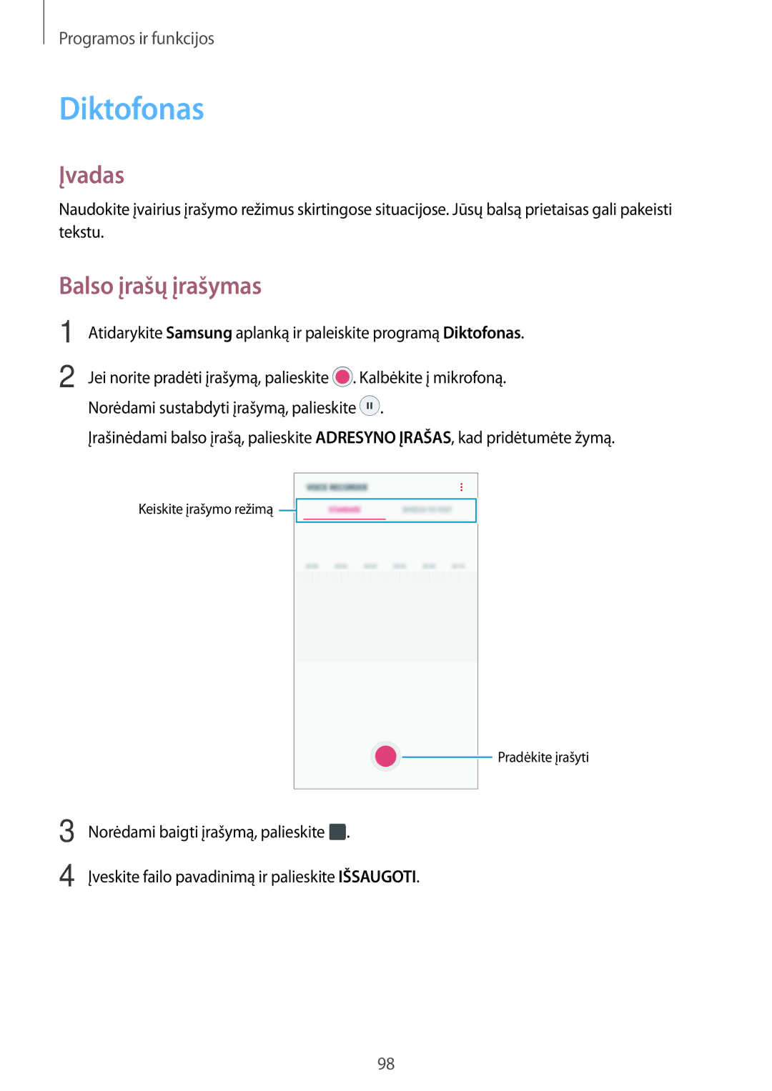 Samsung SM-A320FZINSEB, SM-A520FZIASEB, SM-A320FZKNSEB, SM-A520FZDASEB, SM-A320FZDNSEB manual Diktofonas, Balso įrašų įrašymas 