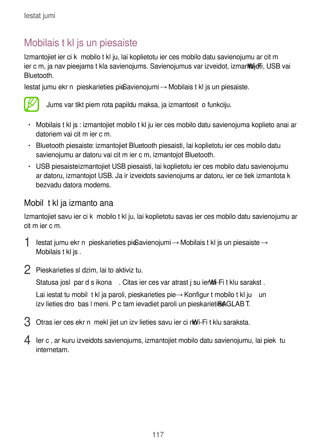 Samsung SM-A520FZDASEB, SM-A520FZIASEB, SM-A320FZKNSEB manual Mobilais tīklājs un piesaiste, Mobilā tīklāja izmantošana 