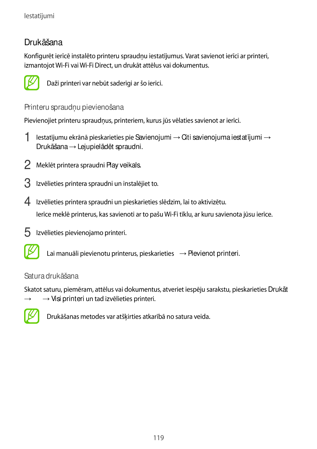 Samsung SM-A520FZKASEB, SM-A520FZIASEB, SM-A320FZKNSEB manual Drukāšana, Daži printeri var nebūt saderīgi ar šo ierīci 