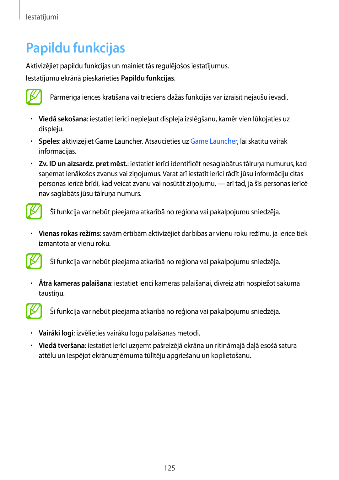 Samsung SM-A520FZKASEB, SM-A520FZIASEB, SM-A320FZKNSEB, SM-A320FZINSEB, SM-A520FZDASEB, SM-A320FZDNSEB manual Papildu funkcijas 