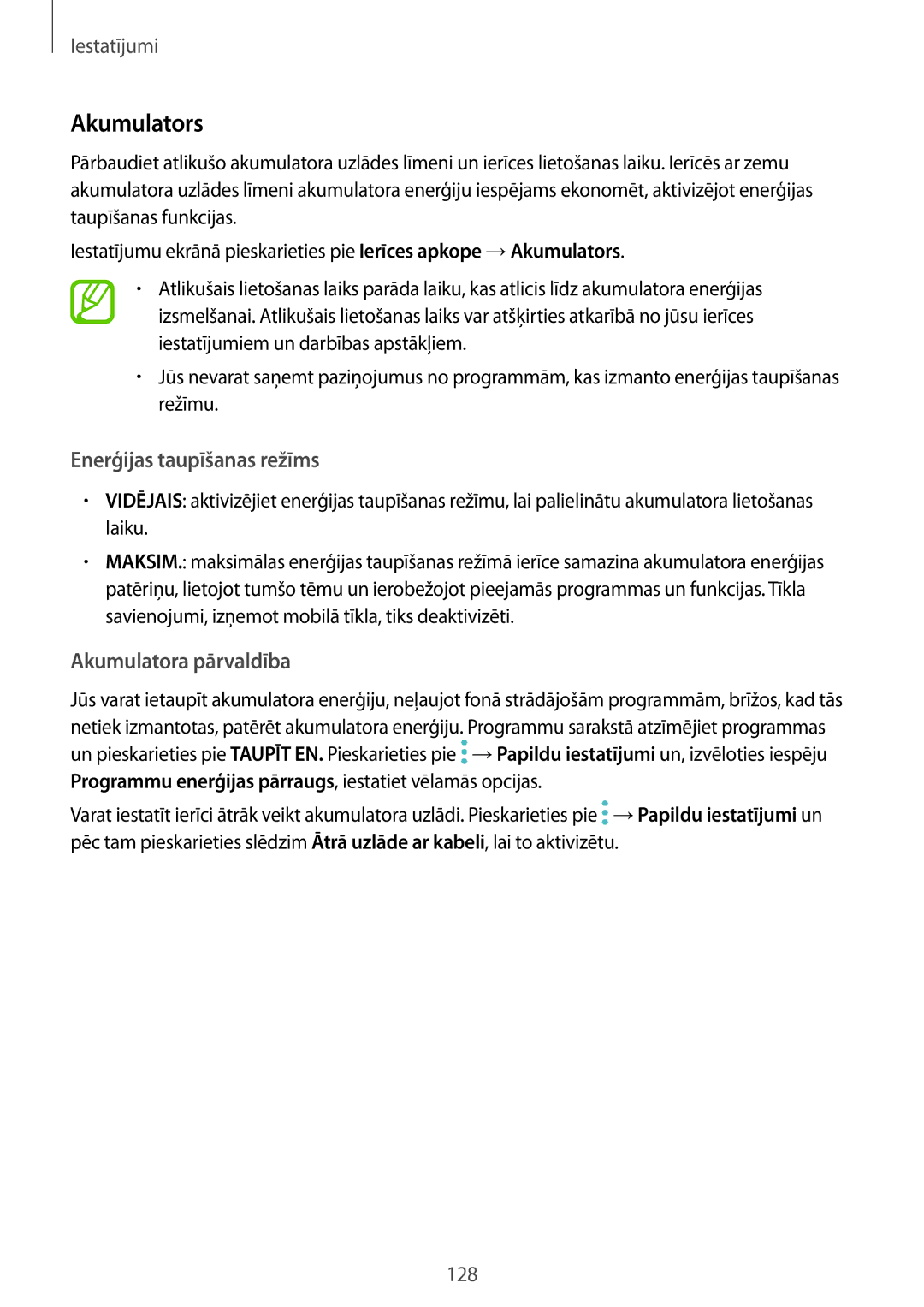 Samsung SM-A320FZINSEB, SM-A520FZIASEB, SM-A320FZKNSEB, SM-A520FZDASEB manual Akumulators, Enerģijas taupīšanas režīms 